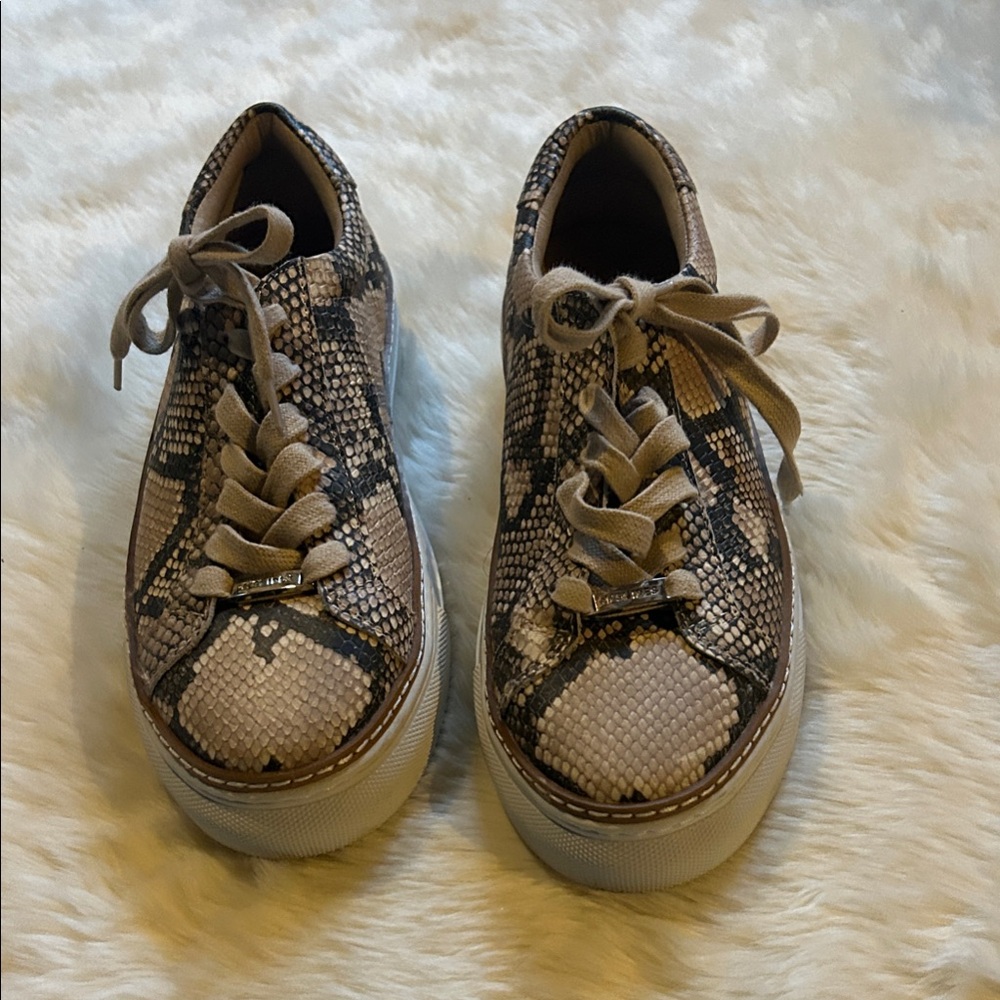 J Slides Tan Snake Print Sneakers
